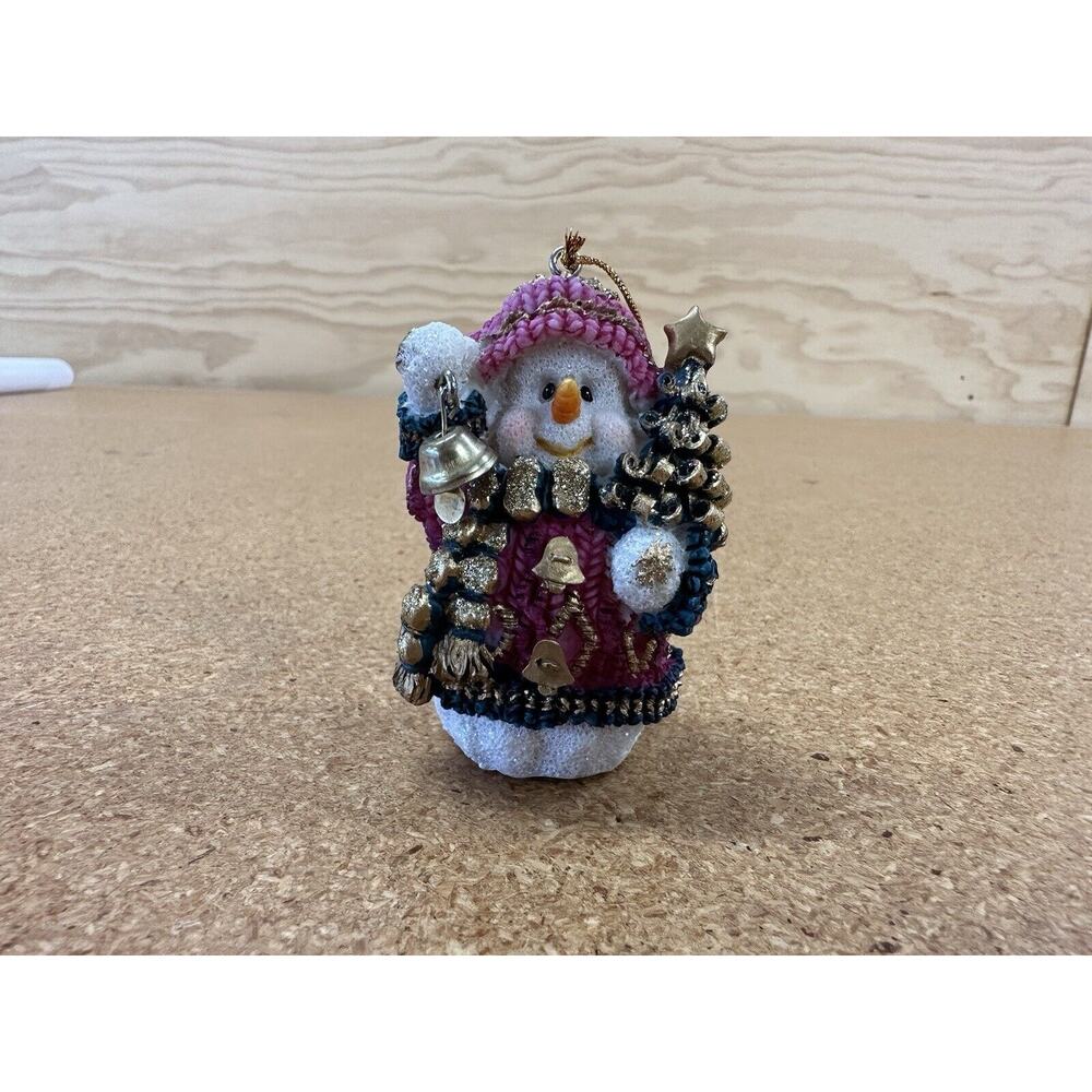 Snowman Christmas Ornament Figurines Holding Christmas Tree & Bell Resin